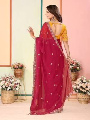 Red Embroidered Georgette Saree with Unstitched Blouse 3