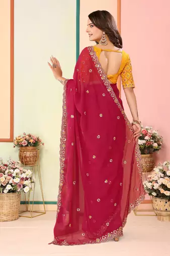 Red Embroidered Georgette Saree with Unstitched Blouse