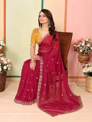 Red Embroidered Georgette Saree with Unstitched Blouse 4