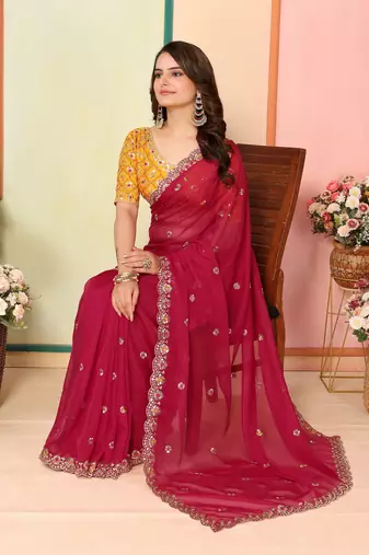 Red Embroidered Georgette Saree with Unstitched Blouse