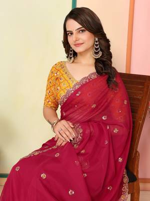 Red Embroidered Georgette Saree with Unstitched Blouse 5