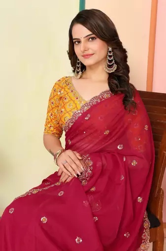 Red Embroidered Georgette Saree with Unstitched Blouse