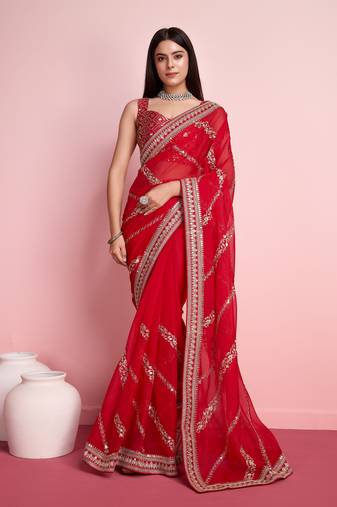 Red Organza Saree with Golden Embroidery and Lace Border with Unstitched Blouse