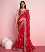 Red Organza Saree with Golden Embroidery and Lace Border with Unstitched Blouse