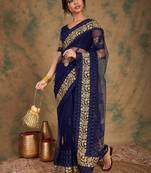 Embroidered Net Saree with Bead Work & Unstitched Blouse