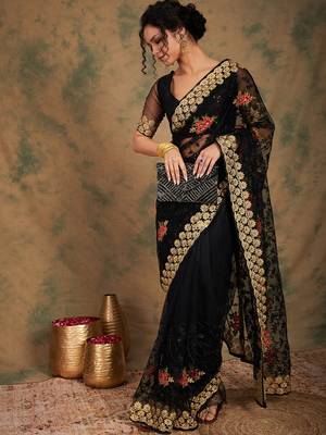 Black color net saree for women 1
