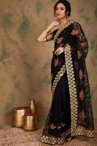 Black color net saree for women