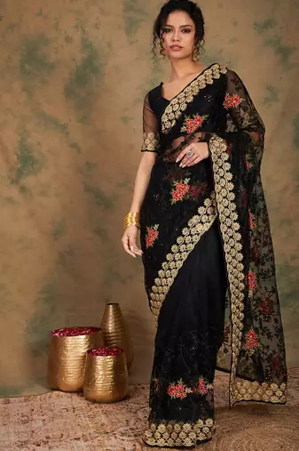 Black color net saree for women