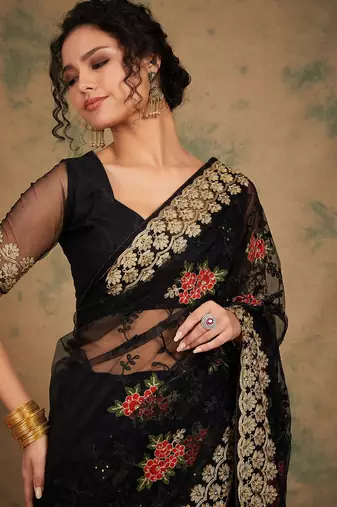 Black color net saree for women