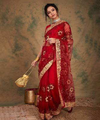 maroon embroidered heavy work saree 1