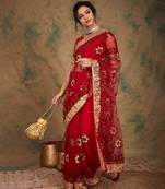 maroon embroidered heavy work saree