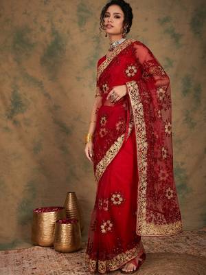 maroon embroidered heavy work saree 2