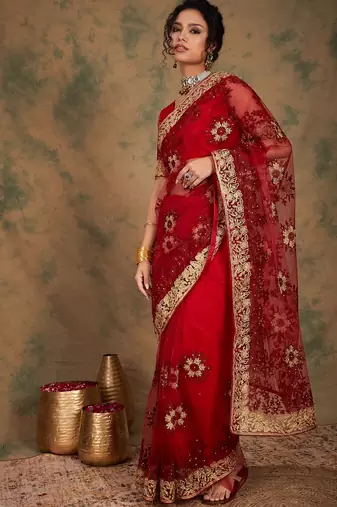 maroon embroidered heavy work saree