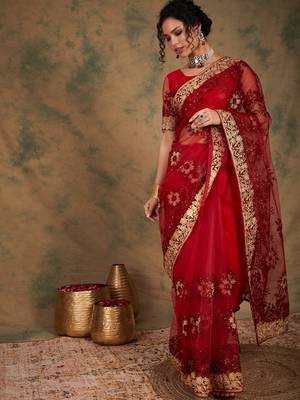 maroon embroidered heavy work saree 3