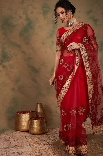 maroon embroidered heavy work saree