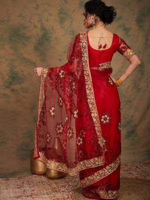 maroon embroidered heavy work saree 4