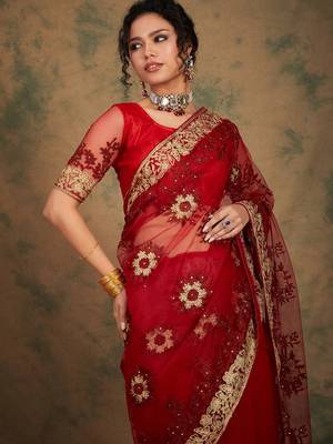maroon embroidered heavy work saree 5