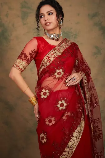 maroon embroidered heavy work saree