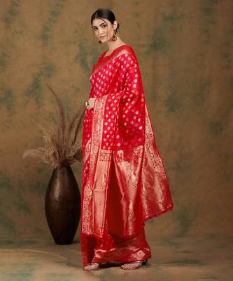 Red Art Silk Zari Woven Kanjivaram Style Saree with Unstitched Blouse 1
