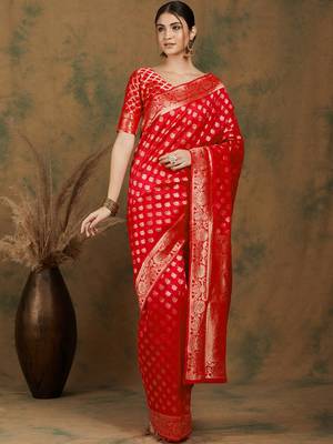 Red Art Silk Zari Woven Kanjivaram Style Saree with Unstitched Blouse 2