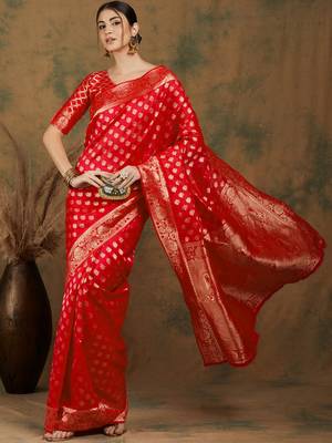 Red Art Silk Zari Woven Kanjivaram Style Saree with Unstitched Blouse 3