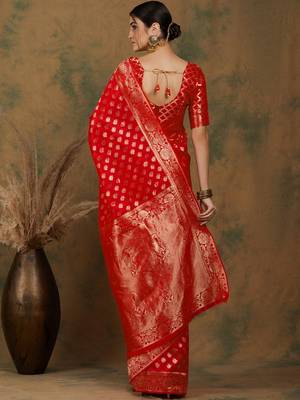 Red Art Silk Zari Woven Kanjivaram Style Saree with Unstitched Blouse 4