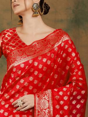 Red Art Silk Zari Woven Kanjivaram Style Saree with Unstitched Blouse 5