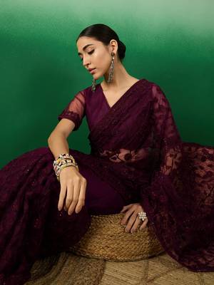 Wine Embroidered Net Saree with Unstitched Blouse 2