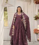 Onion vichitra shimmer heavy glamorous sequins work long evening gown with dupatta for wedding looks