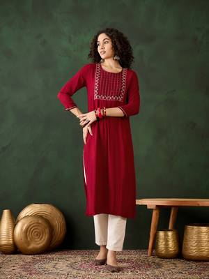Red viscose rayon beautiful ethnic looking fancy embroidered graceful kurti 1