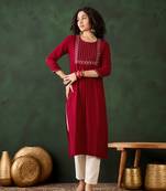 Red viscose rayon beautiful ethnic looking fancy embroidered graceful kurti