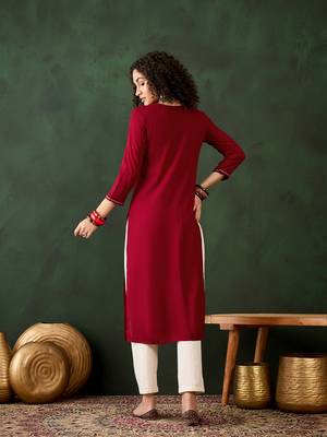Red viscose rayon beautiful ethnic looking fancy embroidered graceful kurti 2