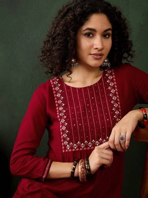 Red viscose rayon beautiful ethnic looking fancy embroidered graceful kurti 3