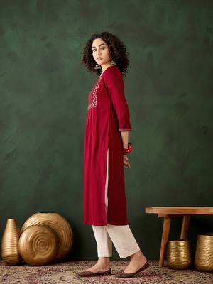 Red viscose rayon beautiful ethnic looking fancy embroidered graceful kurti 4