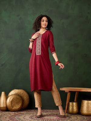 Maroon chinon beautiful ethnic looking fancy embroidered graceful kurti 1
