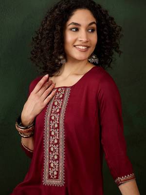 Maroon chinon beautiful ethnic looking fancy embroidered graceful kurti 3
