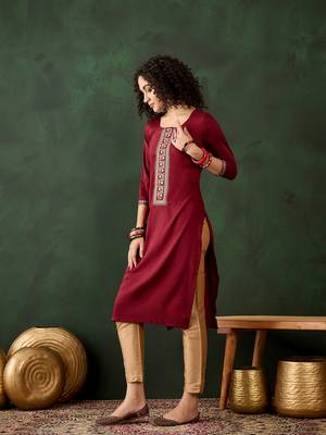 Maroon chinon beautiful ethnic looking fancy embroidered graceful kurti 4