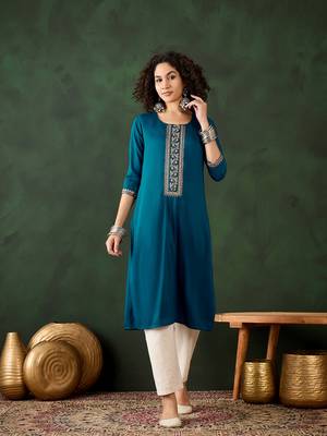 Blue chinon beautiful ethnic looking fancy embroidered graceful kurti 1