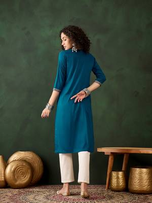 Blue chinon beautiful ethnic looking fancy embroidered graceful kurti 2