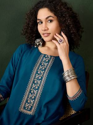Blue chinon beautiful ethnic looking fancy embroidered graceful kurti 3