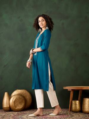 Blue chinon beautiful ethnic looking fancy embroidered graceful kurti 4