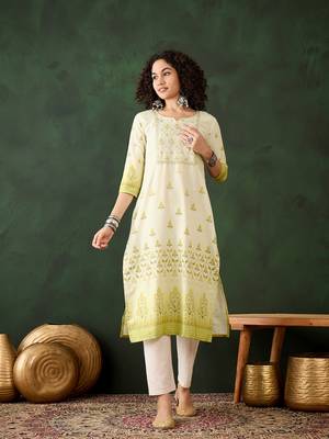 Light green rayon beautiful ethnic looking fancy embroidered graceful kurti 1