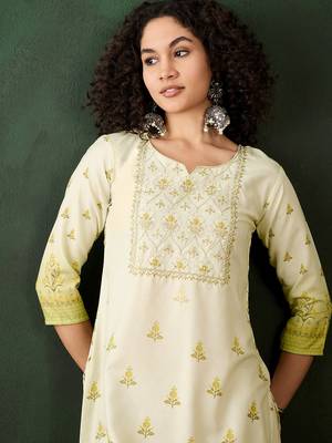 Light green rayon beautiful ethnic looking fancy embroidered graceful kurti 3