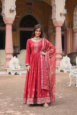 Maroon chinon fabric wedding ceremonial wear graceful zari embroidery work girlie gown with dupatta 1