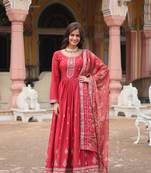 Maroon chinon fabric wedding ceremonial wear graceful zari embroidery work girlie gown with dupatta