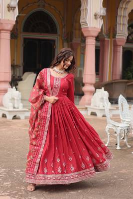 Maroon chinon fabric wedding ceremonial wear graceful zari embroidery work girlie gown with dupatta 3