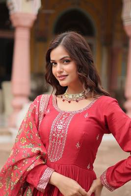 Maroon chinon fabric wedding ceremonial wear graceful zari embroidery work girlie gown with dupatta 4