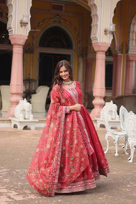 Maroon chinon fabric wedding ceremonial wear graceful zari embroidery work girlie gown with dupatta 5
