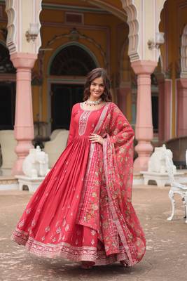 Maroon chinon fabric wedding ceremonial wear graceful zari embroidery work girlie gown with dupatta 6