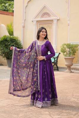 Purple chinon wedding ceremonial wear graceful zari embroidery gown with dupatta 1